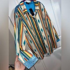 NWT L&B Lucky & Blessed Southwestern Blue Sequined Long Sleeve Button Up Blouse